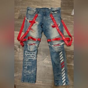 Men's Distressed Blue Jeans with Red Straps